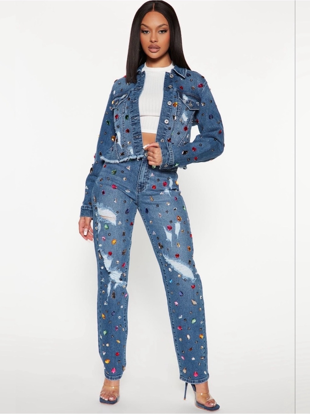 Fashion Nova Blue Embellished Straight Leg Denim Jeans Set